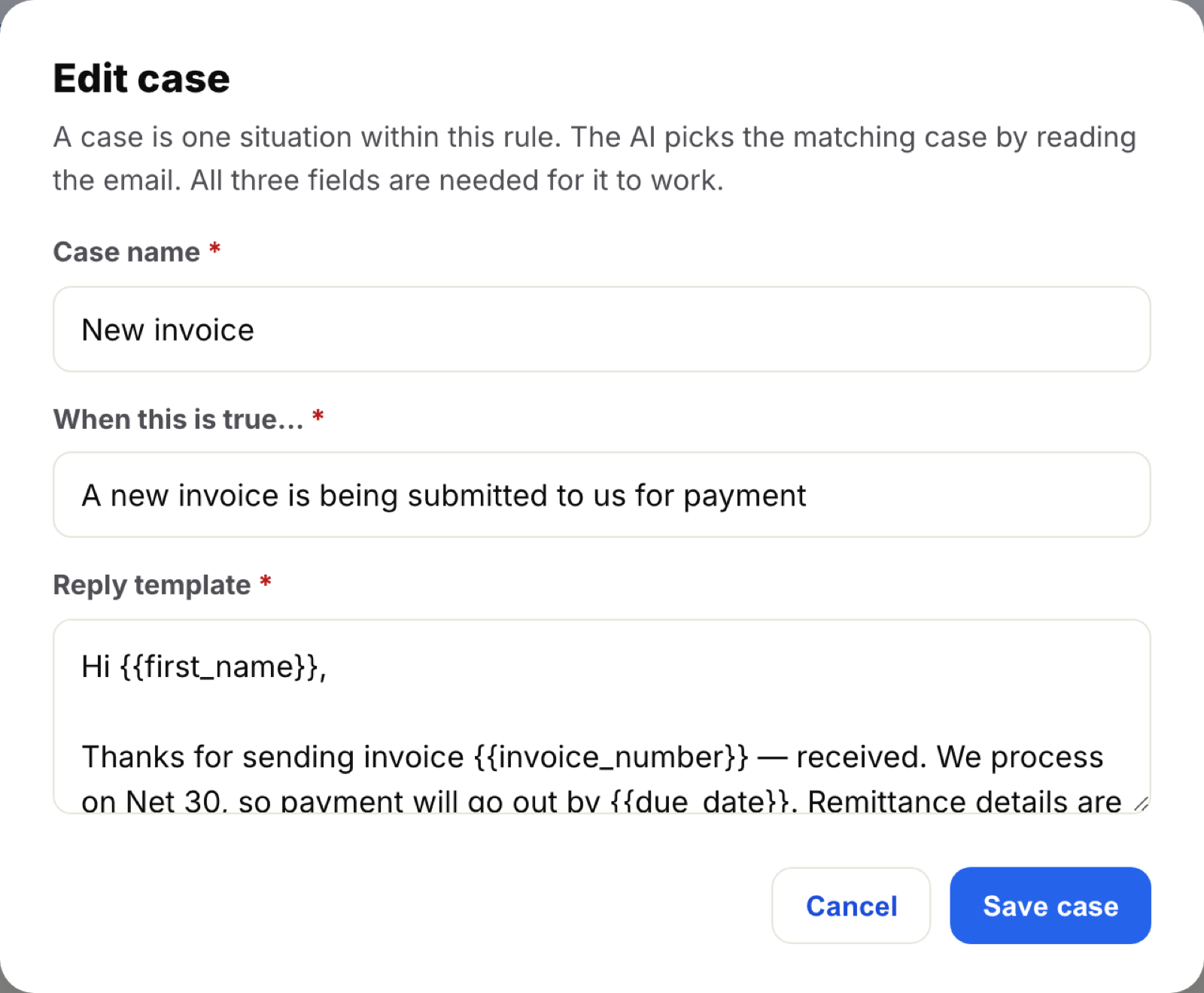 The rule editor in InboxOji, with a 'when this is true' trigger and a reply template using placeholders.