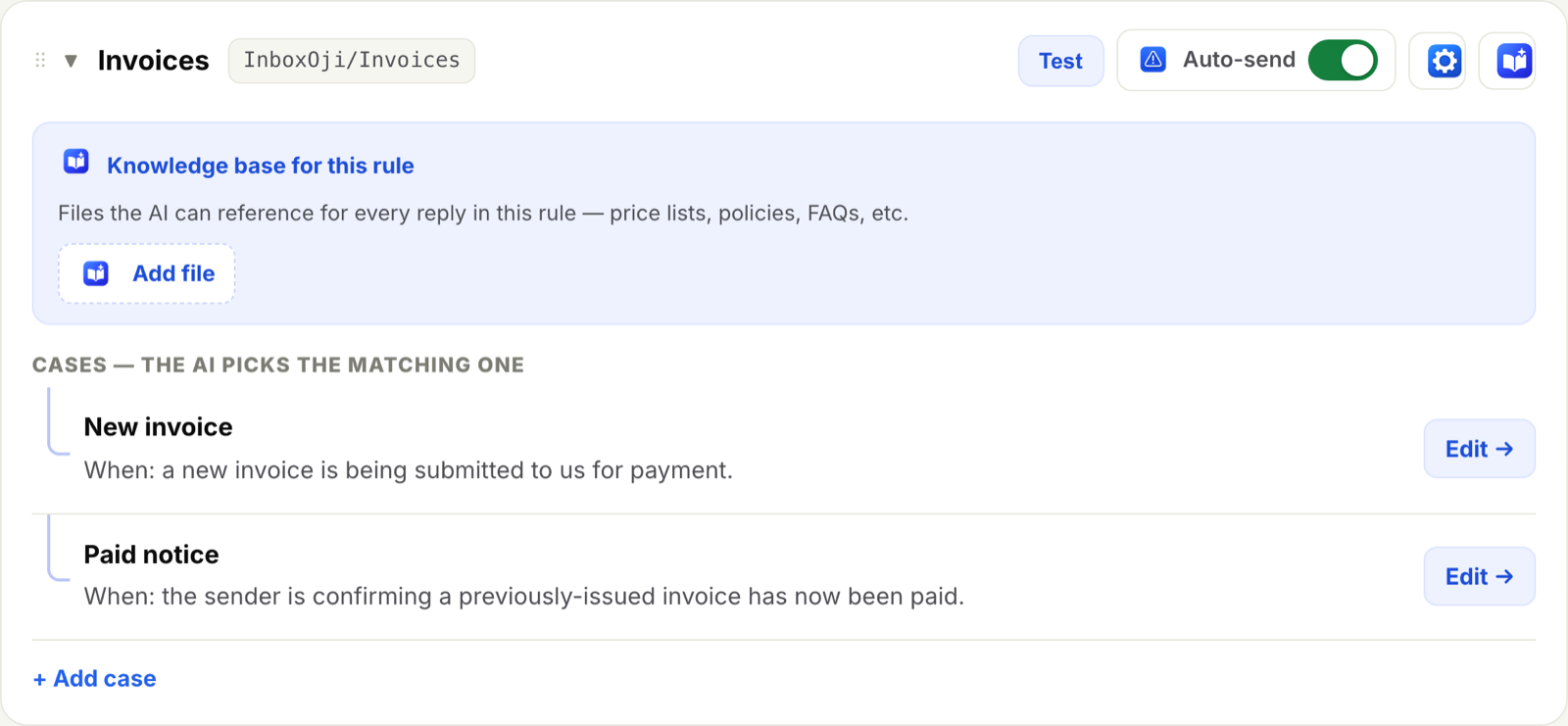 An Invoices rule expanded in InboxOji, showing its trigger, reply template, and its own knowledge base.