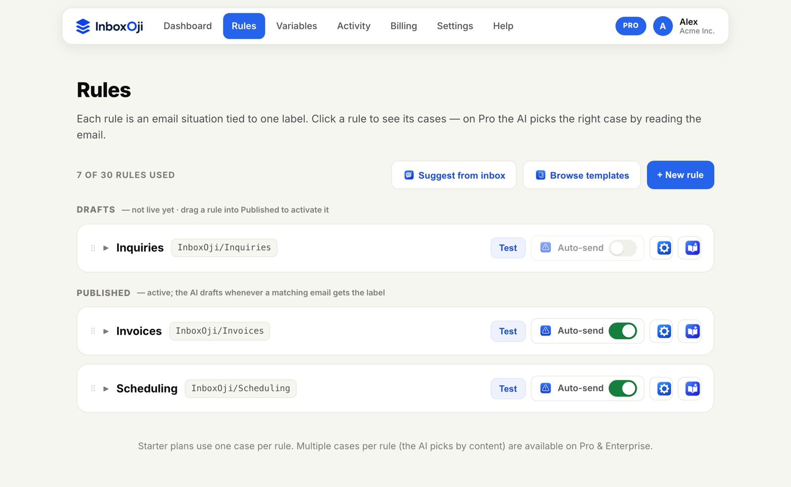 The Rules page in InboxOji, with a Suggest-from-inbox button and rules organized into Drafts and Published.