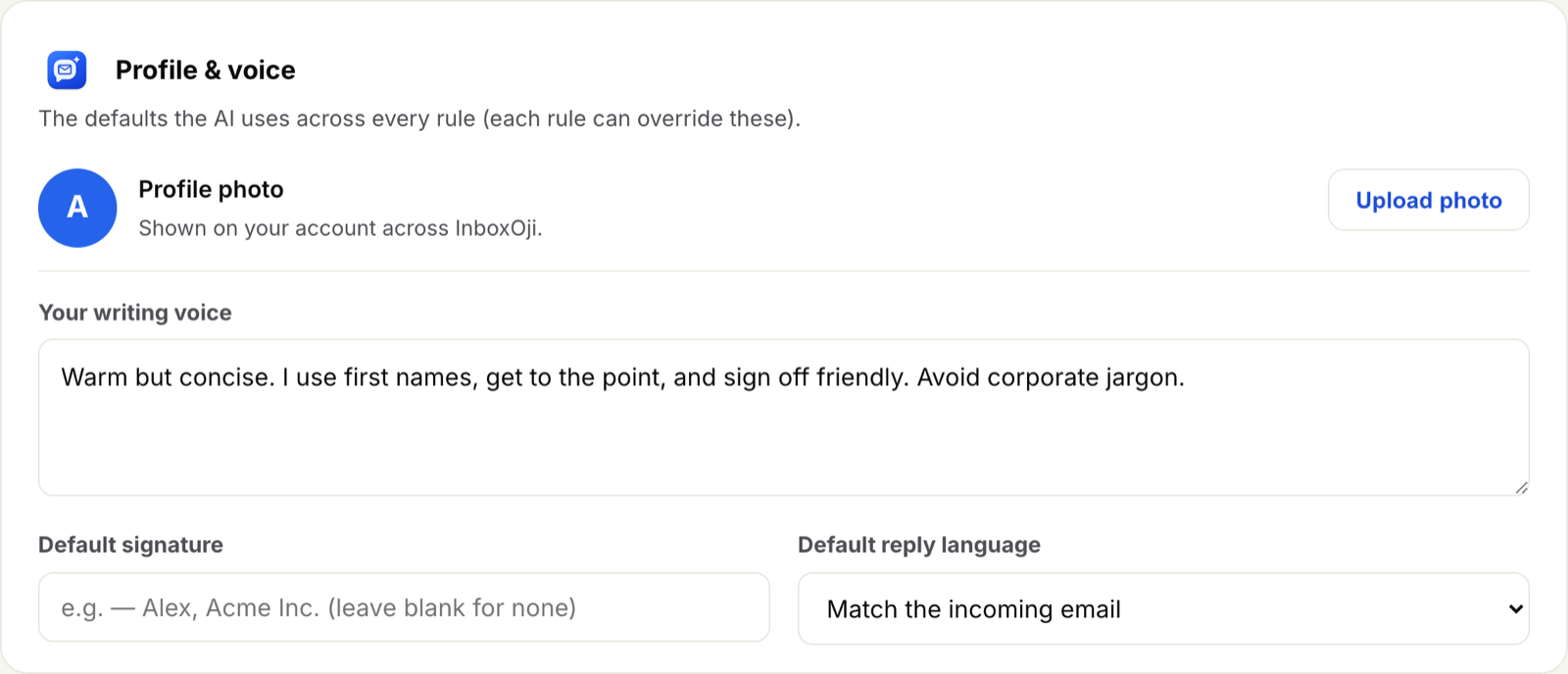 The 'Your writing voice' setting in InboxOji set to a warm, concise, first-name tone.