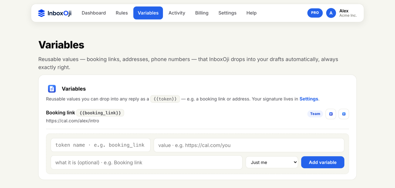 The Variables page in InboxOji showing a saved booking link dropped into replies as a token.