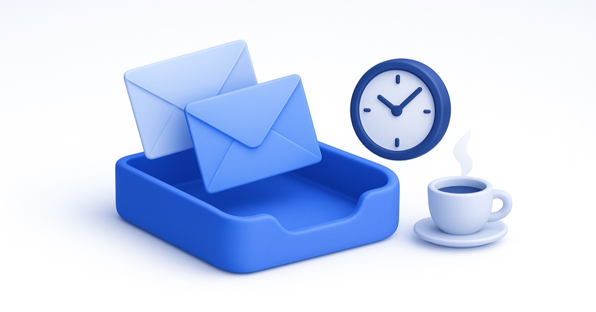 An inbox tray gone from overflowing to nearly empty, with a clock and coffee — a morning's email handled.