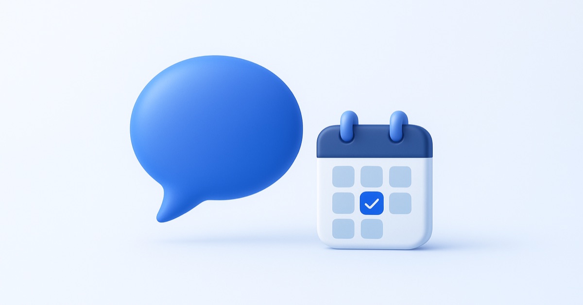 A chat bubble beside a calendar with a booked slot — a personal reply and a scheduled call.