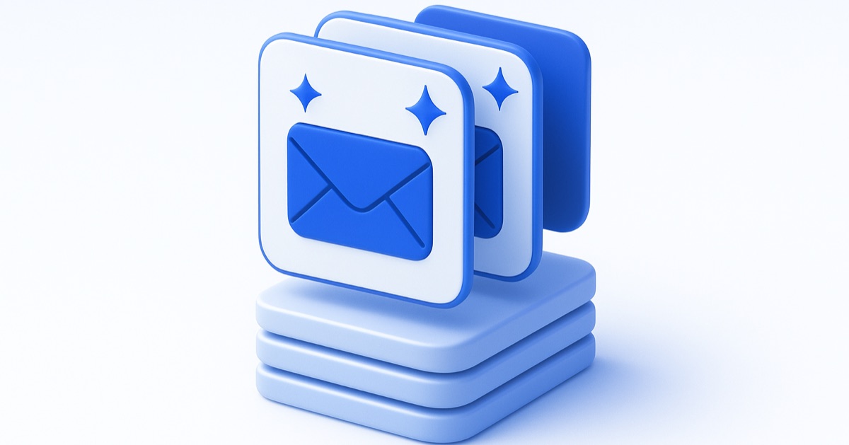 Stacked email cards, a few marked with a sparkle — the repetitive replies worth automating first.