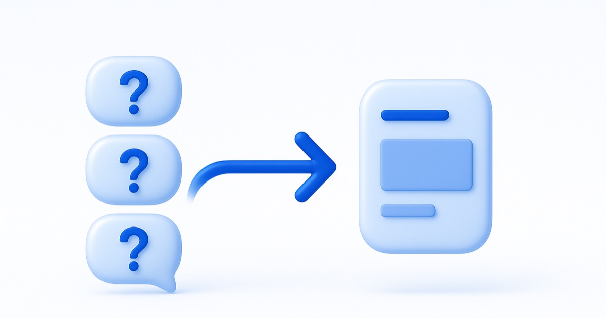 Repeated question bubbles flowing into a single ready-to-send reply.