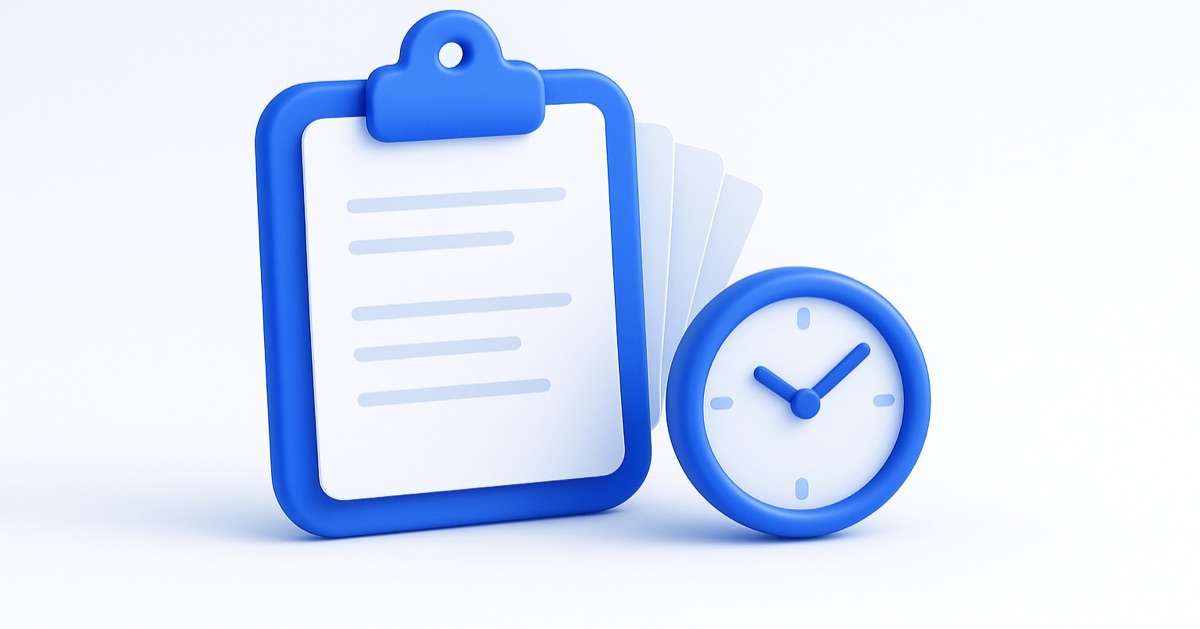 A clipboard holding duplicate pages next to a clock — time draining into repetitive copy-paste.